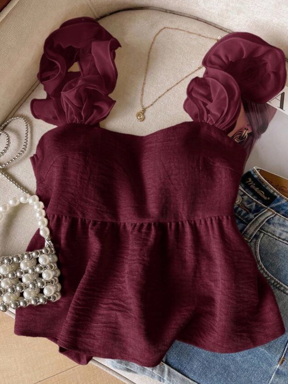 Ruffled Strap Burgundy Women’s Peplum Top